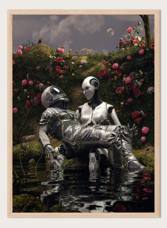 Moonlit Robot Embrace by Nicebleed is a surreal astronaut and android art print with moonlight, water reflection, and floral landscape in modern sci-fi aesthetic.