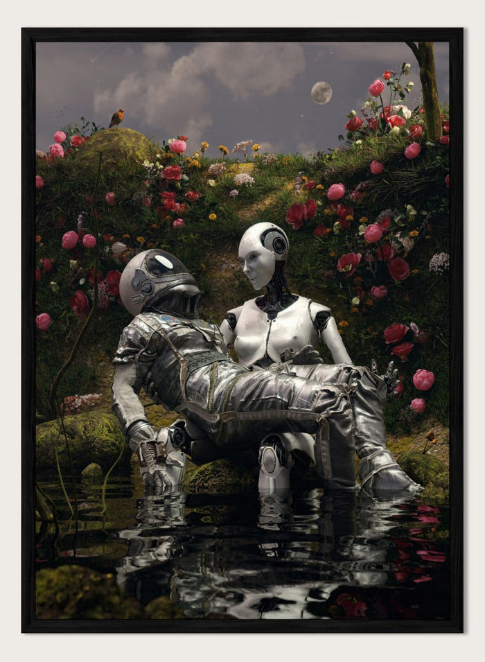 Moonlit Robot Embrace by Nicebleed is a surreal astronaut and android art print with moonlight, water reflection, and floral landscape in modern sci-fi aesthetic.