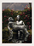 Moonlit Robot Embrace by Nicebleed is a surreal astronaut and android art print with moonlight, water reflection, and floral landscape in modern sci-fi aesthetic.