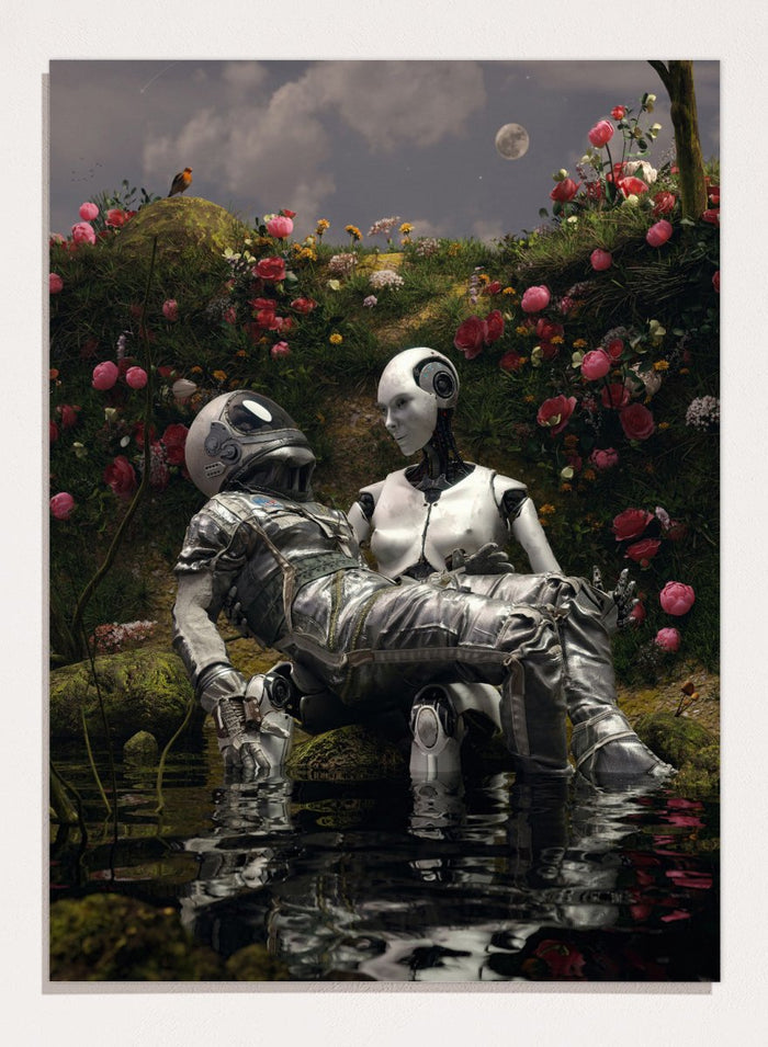 Moonlit Robot Embrace by Nicebleed is a surreal astronaut and android art print with moonlight, water reflection, and floral landscape in modern sci-fi aesthetic.