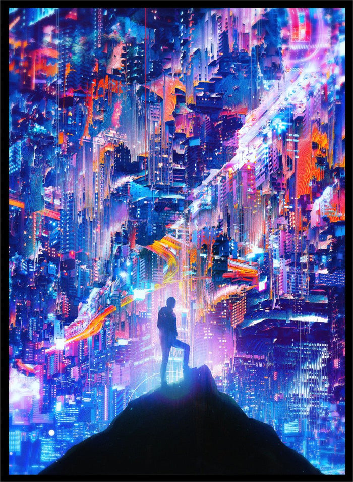 Person standing on a hill overlooking a futuristic cityscape with vibrant colors. Neon City Dreamer by Nicebleed is a surreal cyberpunk city art print featuring a lone figure in a neon glitch skyline, modern aesthetic wall poster.