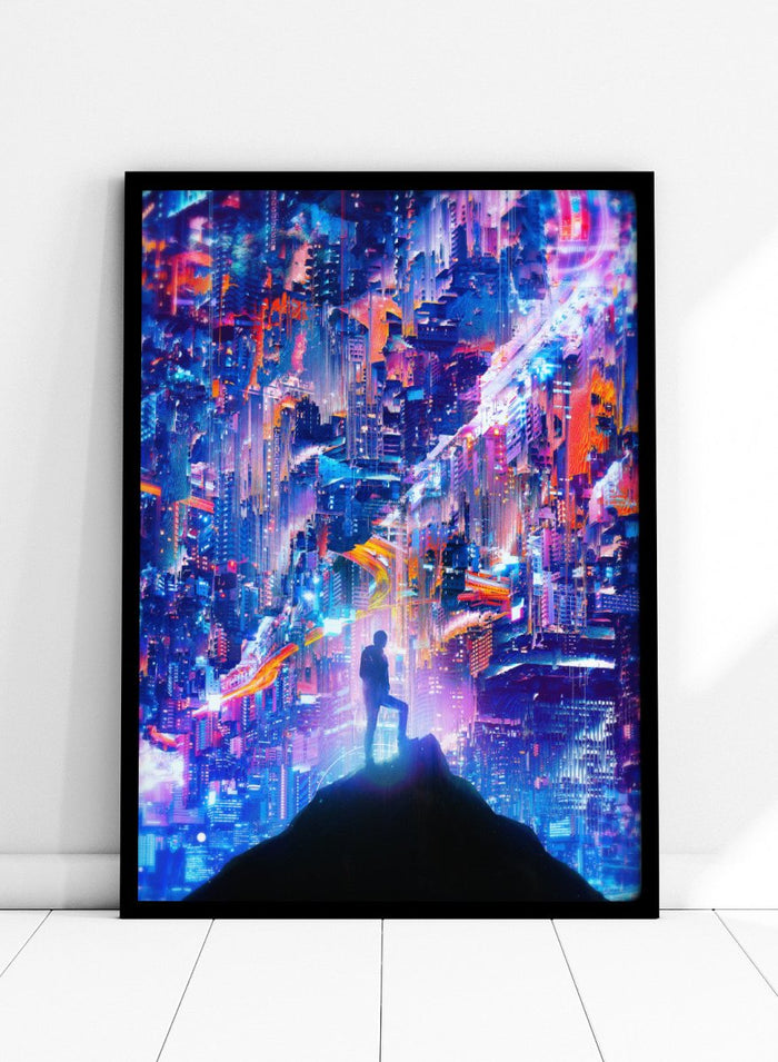 Person standing on a hill overlooking a futuristic cityscape with vibrant colors. Neon City Dreamer by Nicebleed is a surreal cyberpunk city art print featuring a lone figure in a neon glitch skyline, modern aesthetic wall poster.