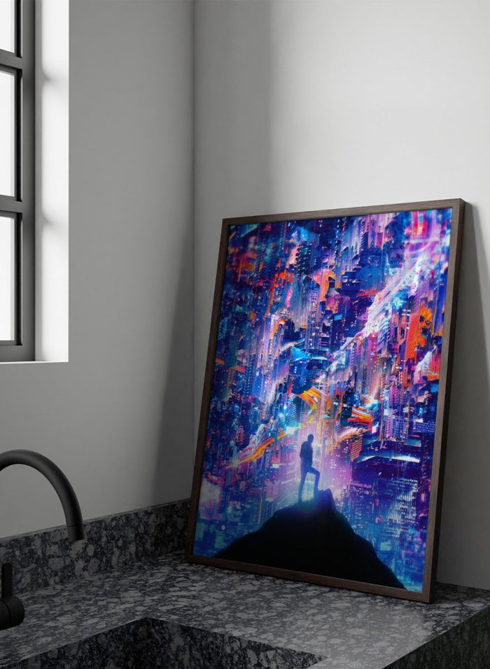 Person standing on a hill overlooking a futuristic cityscape with vibrant colors. Neon City Dreamer by Nicebleed is a surreal cyberpunk city art print featuring a lone figure in a neon glitch skyline, modern aesthetic wall poster.