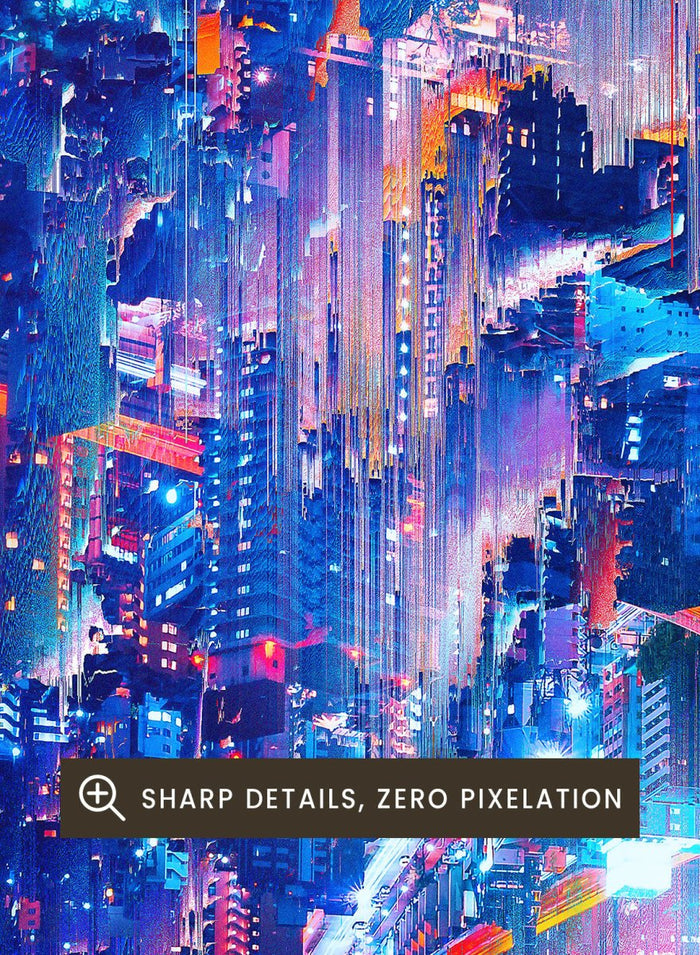 Person standing on a hill overlooking a futuristic cityscape with vibrant colors. Neon City Dreamer by Nicebleed is a surreal cyberpunk city art print featuring a lone figure in a neon glitch skyline, modern aesthetic wall poster.