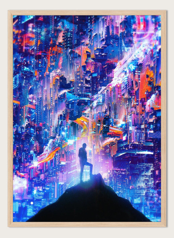 Person standing on a hill overlooking a futuristic cityscape with vibrant colors. Neon City Dreamer by Nicebleed is a surreal cyberpunk city art print featuring a lone figure in a neon glitch skyline, modern aesthetic wall poster.