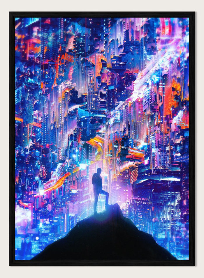 Person standing on a hill overlooking a futuristic cityscape with vibrant colors. Neon City Dreamer by Nicebleed is a surreal cyberpunk city art print featuring a lone figure in a neon glitch skyline, modern aesthetic wall poster.