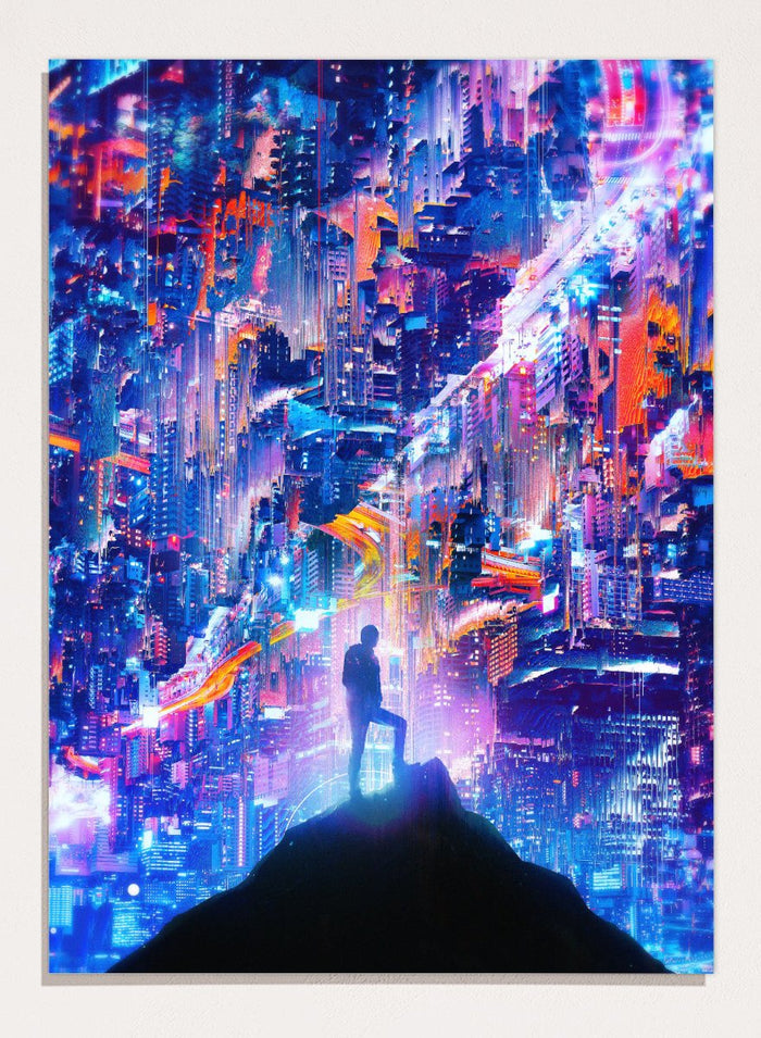 Person standing on a hill overlooking a futuristic cityscape with vibrant colors. Neon City Dreamer by Nicebleed is a surreal cyberpunk city art print featuring a lone figure in a neon glitch skyline, modern aesthetic wall poster.