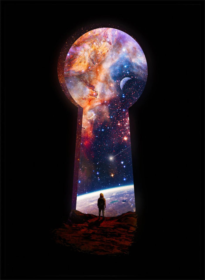 Keyhole-shaped portal to space with a silhouette of a person looking into it. The Cosmic Keyhole by Nicebleed is a surreal space art print featuring an astronaut looking through a cosmic keyhole, modern aesthetic wall poster.