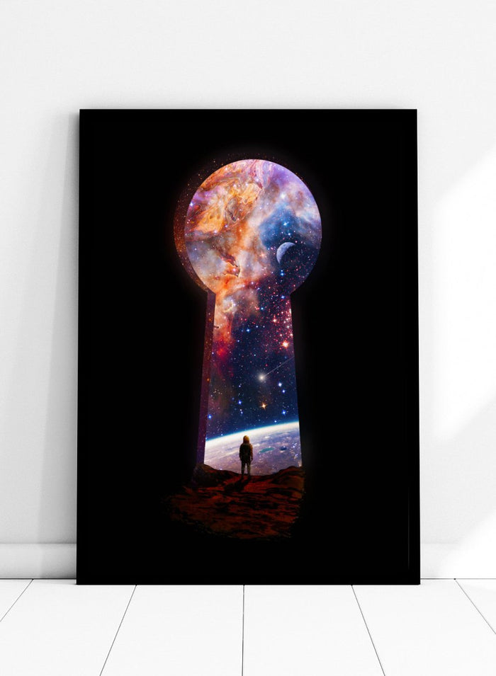 Keyhole-shaped portal to space with a silhouette of a person looking into it. The Cosmic Keyhole by Nicebleed is a surreal space art print featuring an astronaut looking through a cosmic keyhole, modern aesthetic wall poster.