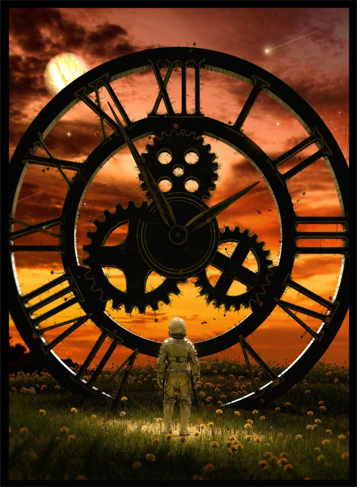 Time Traveler’s Sunset by Nicebleed is a surreal astronaut art print featuring a giant clock, sunset sky, and sci-fi landscape, modern aesthetic poster design.