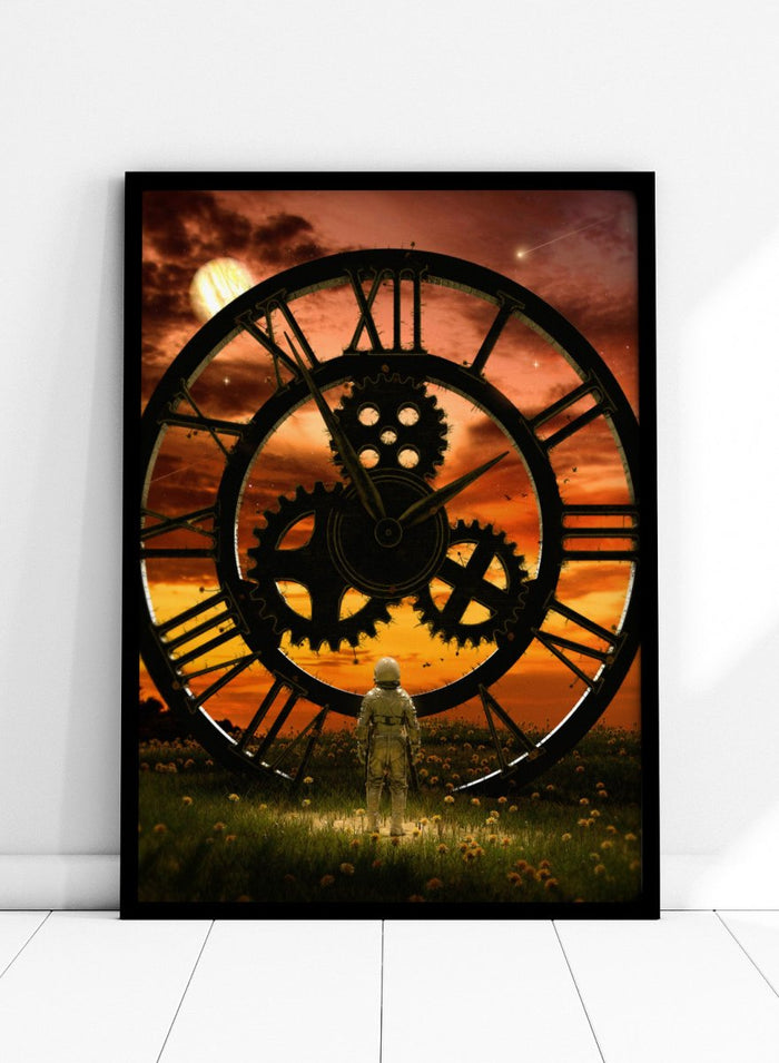 Time Traveler’s Sunset by Nicebleed is a surreal astronaut art print featuring a giant clock, sunset sky, and sci-fi landscape, modern aesthetic poster design.