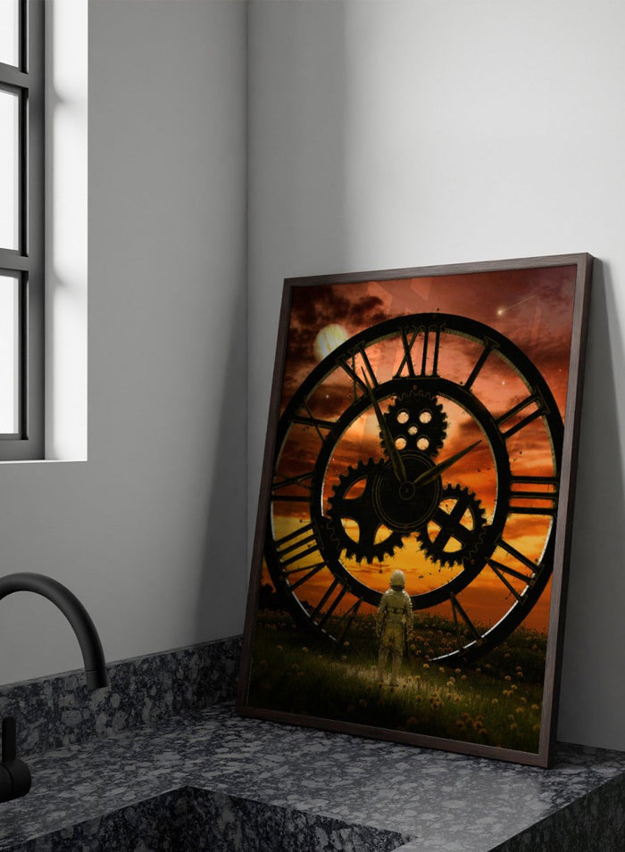 Time Traveler’s Sunset by Nicebleed is a surreal astronaut art print featuring a giant clock, sunset sky, and sci-fi landscape, modern aesthetic poster design.