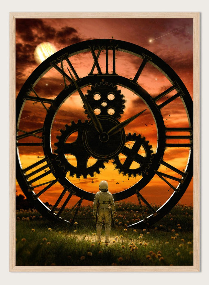 Time Traveler’s Sunset by Nicebleed is a surreal astronaut art print featuring a giant clock, sunset sky, and sci-fi landscape, modern aesthetic poster design.