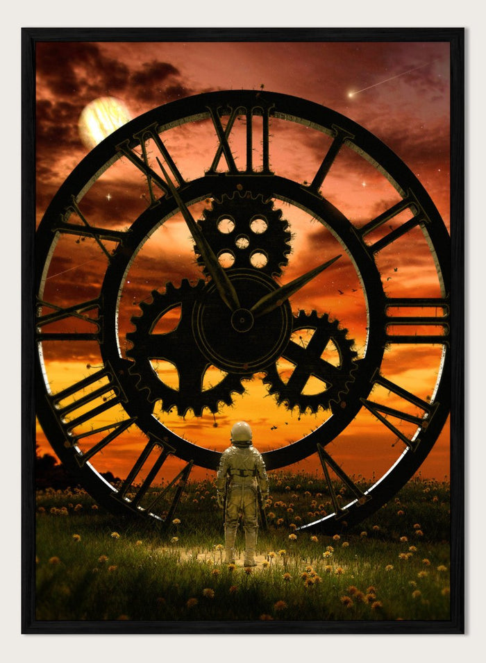 Time Traveler’s Sunset by Nicebleed is a surreal astronaut art print featuring a giant clock, sunset sky, and sci-fi landscape, modern aesthetic poster design.
