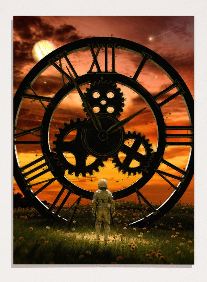 Time Traveler’s Sunset by Nicebleed is a surreal astronaut art print featuring a giant clock, sunset sky, and sci-fi landscape, modern aesthetic poster design.