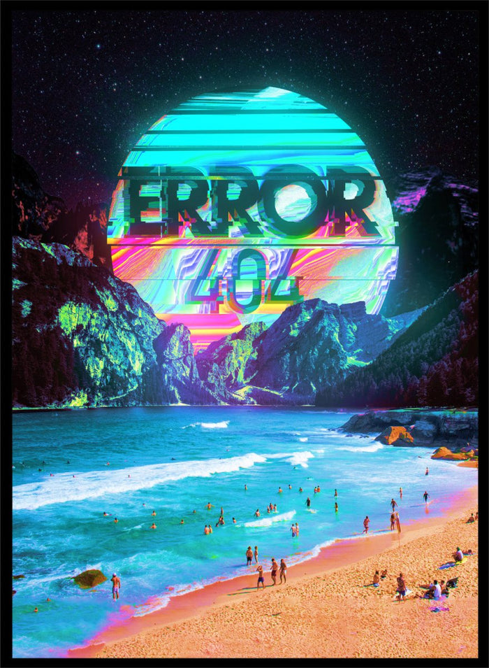 Beach scene with a futuristic 'ERROR 404' sign in the sky. Vaporwave Error Beach by Nicebleed is a surreal glitch beach art print featuring neon error graphics and a distorted sun, modern aesthetic wall poster.