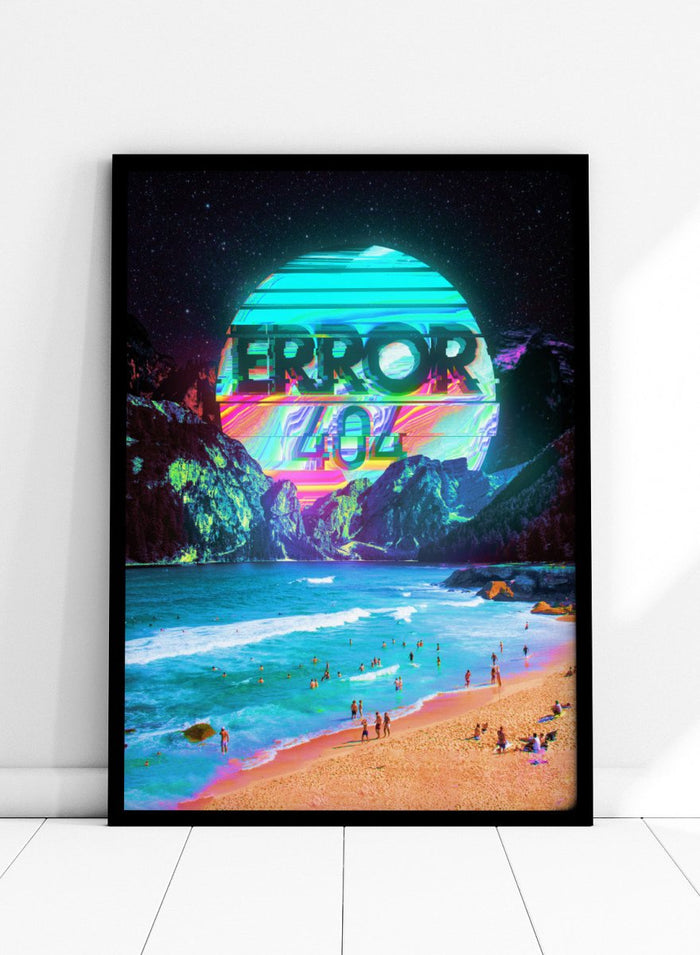 Beach scene with a futuristic 'ERROR 404' sign in the sky. Vaporwave Error Beach by Nicebleed is a surreal glitch beach art print featuring neon error graphics and a distorted sun, modern aesthetic wall poster.