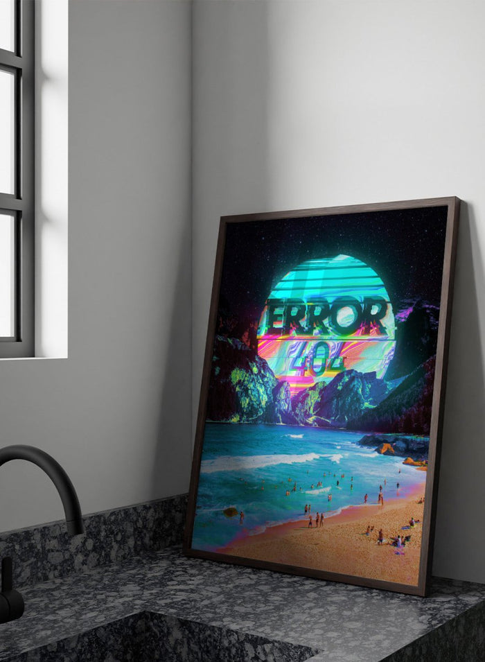 Beach scene with a futuristic 'ERROR 404' sign in the sky. Vaporwave Error Beach by Nicebleed is a surreal glitch beach art print featuring neon error graphics and a distorted sun, modern aesthetic wall poster.