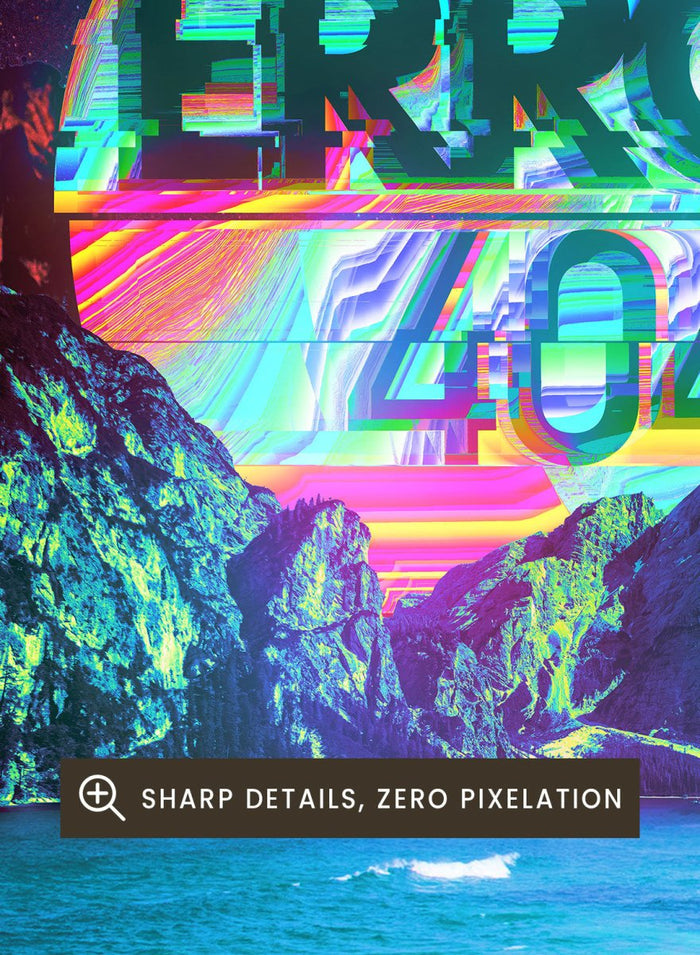Beach scene with a futuristic 'ERROR 404' sign in the sky. Vaporwave Error Beach by Nicebleed is a surreal glitch beach art print featuring neon error graphics and a distorted sun, modern aesthetic wall poster.
