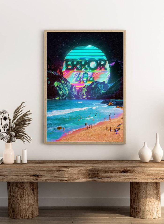 Beach scene with a futuristic 'ERROR 404' sign in the sky. Vaporwave Error Beach by Nicebleed is a surreal glitch beach art print featuring neon error graphics and a distorted sun, modern aesthetic wall poster.