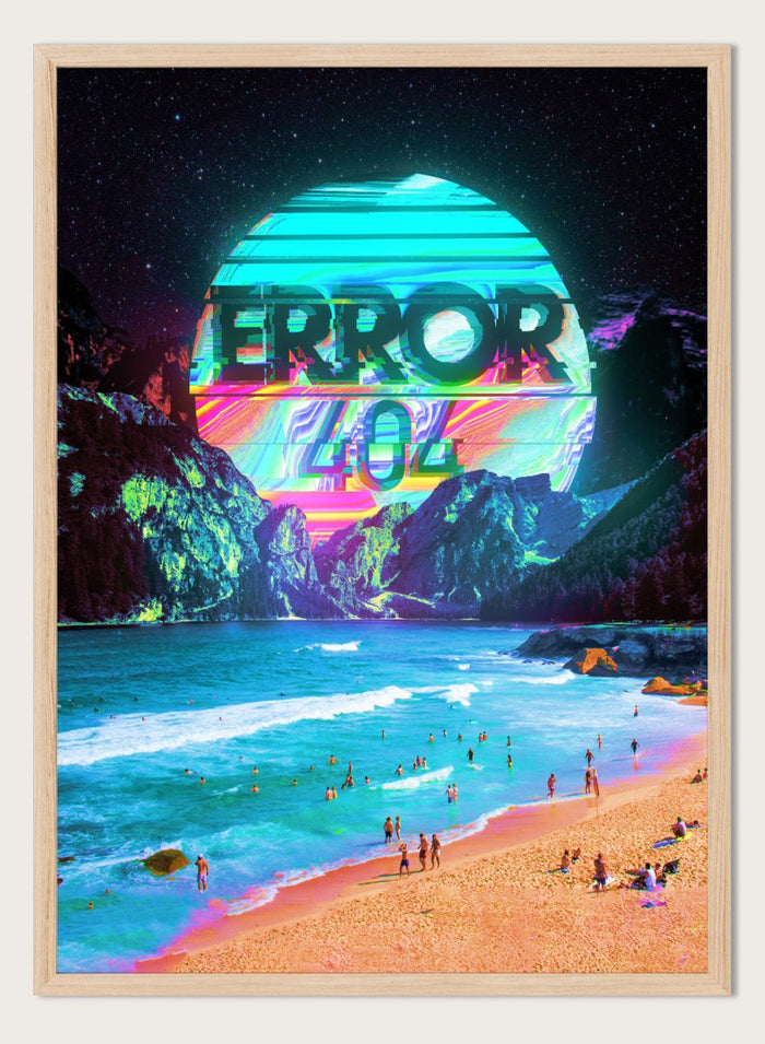 Beach scene with a futuristic 'ERROR 404' sign in the sky. Vaporwave Error Beach by Nicebleed is a surreal glitch beach art print featuring neon error graphics and a distorted sun, modern aesthetic wall poster.