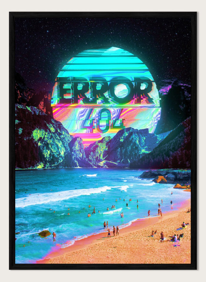 Beach scene with a futuristic 'ERROR 404' sign in the sky. Vaporwave Error Beach by Nicebleed is a surreal glitch beach art print featuring neon error graphics and a distorted sun, modern aesthetic wall poster.
