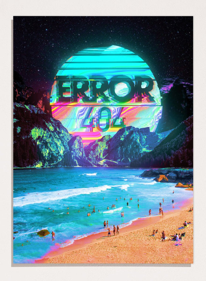 Beach scene with a futuristic 'ERROR 404' sign in the sky. Vaporwave Error Beach by Nicebleed is a surreal glitch beach art print featuring neon error graphics and a distorted sun, modern aesthetic wall poster.