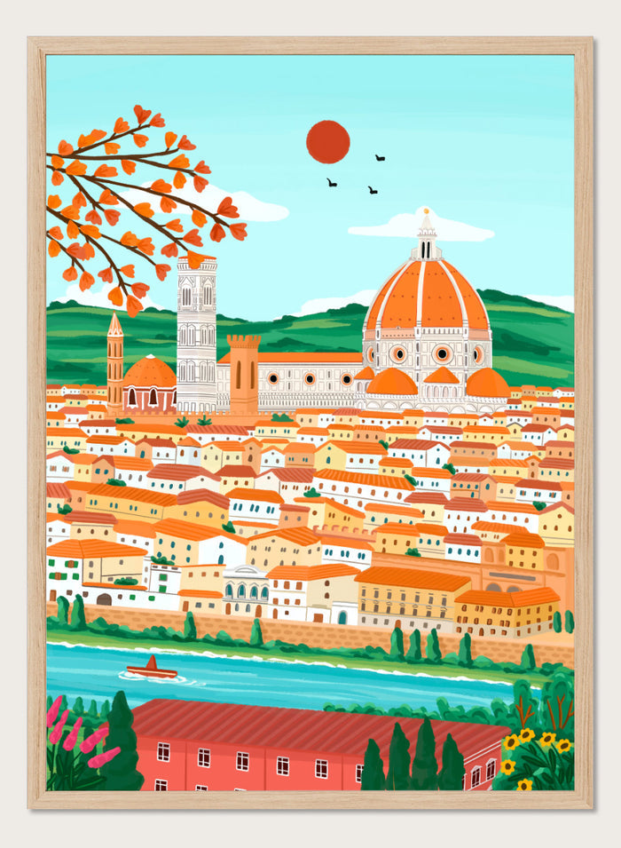 A colorful illustrated cityscape of Florence with the famous dome, towers, clustered buildings, a river, trees, and a red sun in the sky. Shop Florence Autumn Glow by Nidhi Kachhadiya, a colorful Florence wall art print featuring the Duomo, terracotta rooftops, autumn leaves, and warm orange tones.