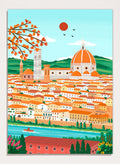 A colorful illustrated cityscape of Florence with the famous dome, towers, clustered buildings, a river, trees, and a red sun in the sky. Shop Florence Autumn Glow by Nidhi Kachhadiya, a colorful Florence wall art print featuring the Duomo, terracotta rooftops, autumn leaves, and warm orange tones.