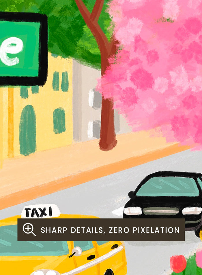 A colorful illustrated city street scene with pink cherry blossoms overhead, yellow NYC taxis, tall buildings, a bicycle with a pink basket, flowers in the foreground, and street signs including Fifti Ave. Shop NYC Cherry Blossoms by Nidhi Kachhadiya, a colorful New York City wall art print with Fifth Avenue, yellow taxis, pink blossoms, and spring city charm.