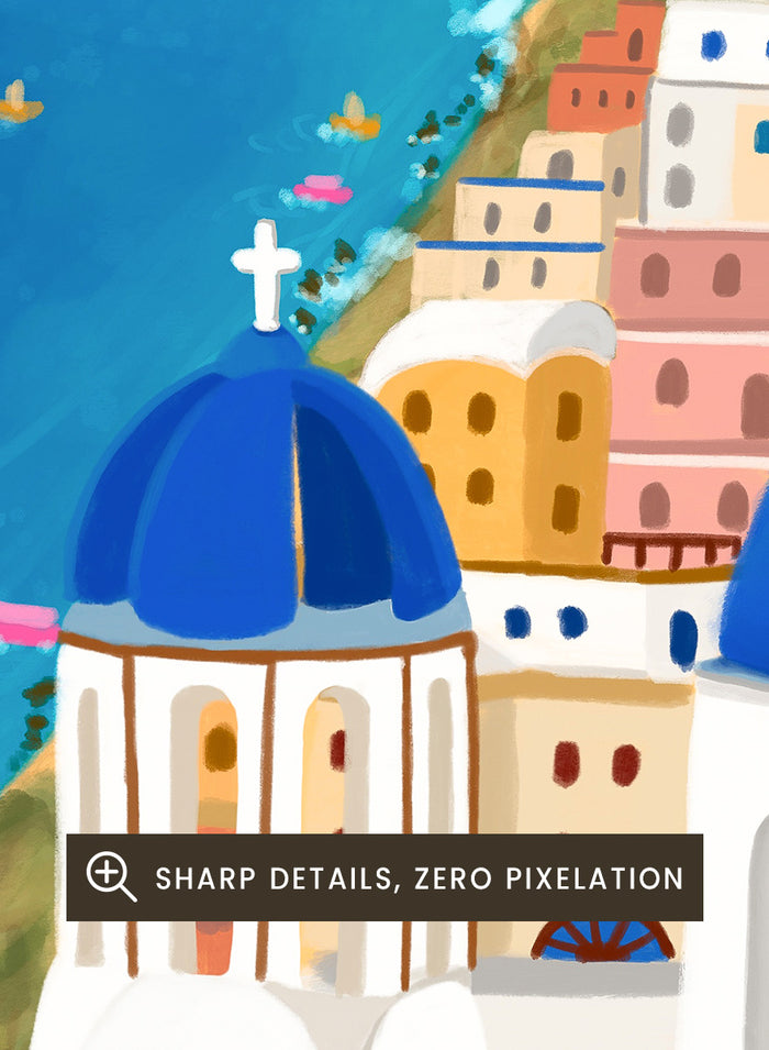 Shop Santorini Blue Domes by Nidhi Kachhadiya, a colorful Greek island wall art print inspired by Santorini, blue domes, whitewashed architecture, and Mediterranean views. A colorful illustrated coastal village scene with white buildings, bright blue domes, palm trees, pink flowering branches, a blue sea, and a clear sky with a sun and birds.