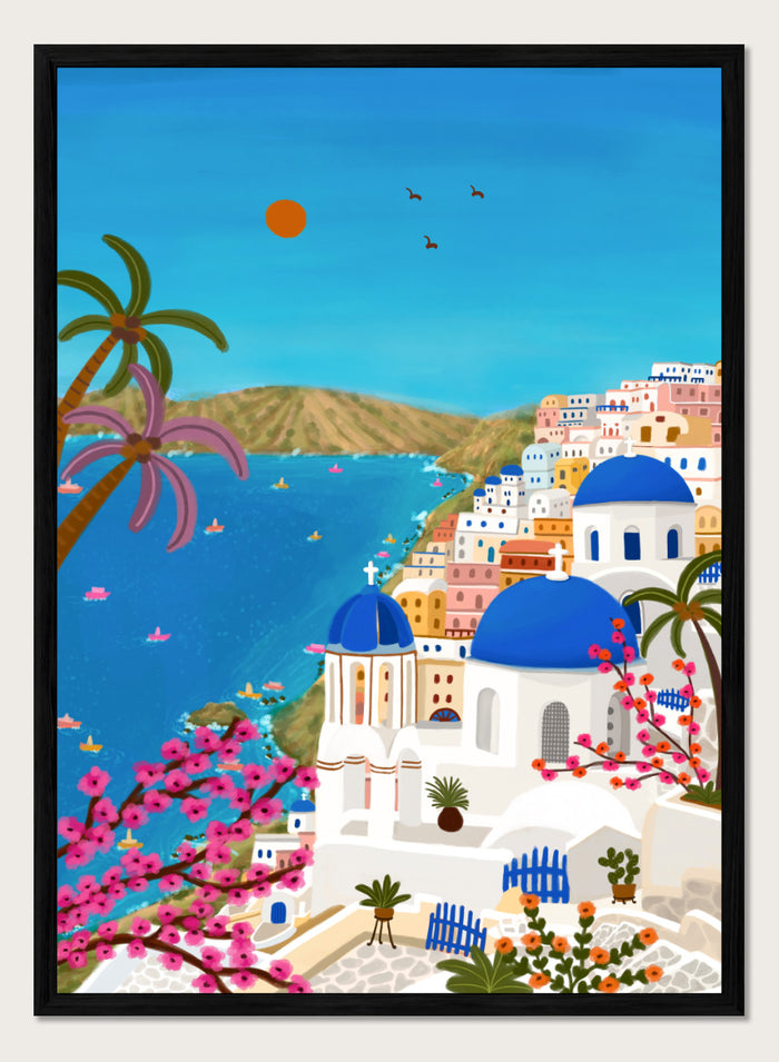 Shop Santorini Blue Domes by Nidhi Kachhadiya, a colorful Greek island wall art print inspired by Santorini, blue domes, whitewashed architecture, and Mediterranean views. A colorful illustrated coastal village scene with white buildings, bright blue domes, palm trees, pink flowering branches, a blue sea, and a clear sky with a sun and birds.