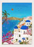 Shop Santorini Blue Domes by Nidhi Kachhadiya, a colorful Greek island wall art print inspired by Santorini, blue domes, whitewashed architecture, and Mediterranean views. A colorful illustrated coastal village scene with white buildings, bright blue domes, palm trees, pink flowering branches, a blue sea, and a clear sky with a sun and birds.