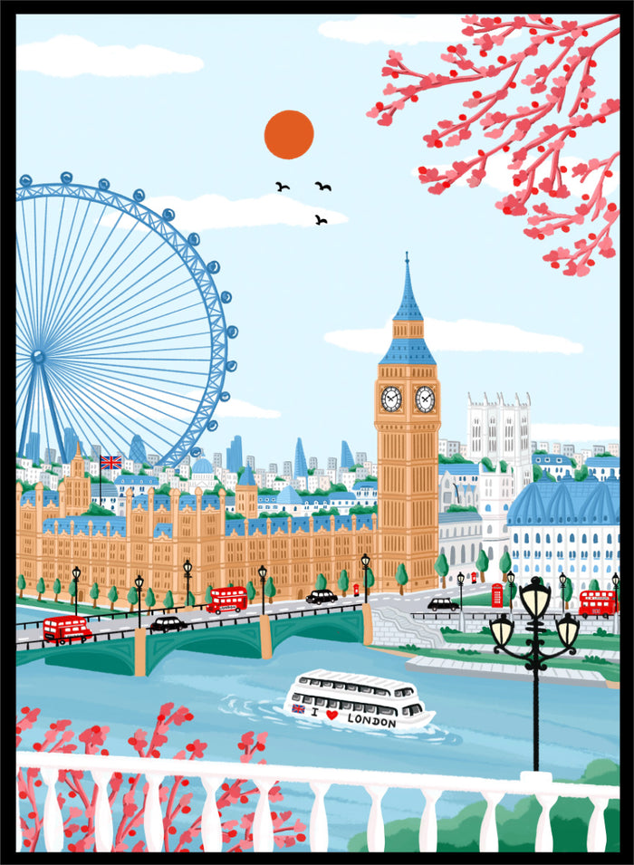 A colorful illustrated cityscape of London featuring Big Ben, the London Eye, red double-decker buses, a river boat, clouds, birds, and pink blossoms against a light blue sky. Shop Spring London Landmarks by Nidhi Kachhadiya, a colorful London wall art print featuring Big Ben, the London Eye, cherry blossoms, and bright spring city views.