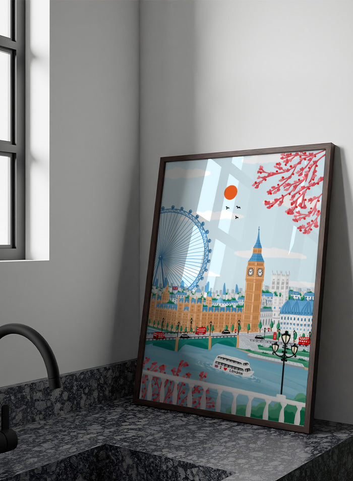 A colorful illustrated cityscape of London featuring Big Ben, the London Eye, red double-decker buses, a river boat, clouds, birds, and pink blossoms against a light blue sky. Shop Spring London Landmarks by Nidhi Kachhadiya, a colorful London wall art print featuring Big Ben, the London Eye, cherry blossoms, and bright spring city views.
