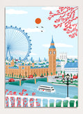 A colorful illustrated cityscape of London featuring Big Ben, the London Eye, red double-decker buses, a river boat, clouds, birds, and pink blossoms against a light blue sky. Shop Spring London Landmarks by Nidhi Kachhadiya, a colorful London wall art print featuring Big Ben, the London Eye, cherry blossoms, and bright spring city views.