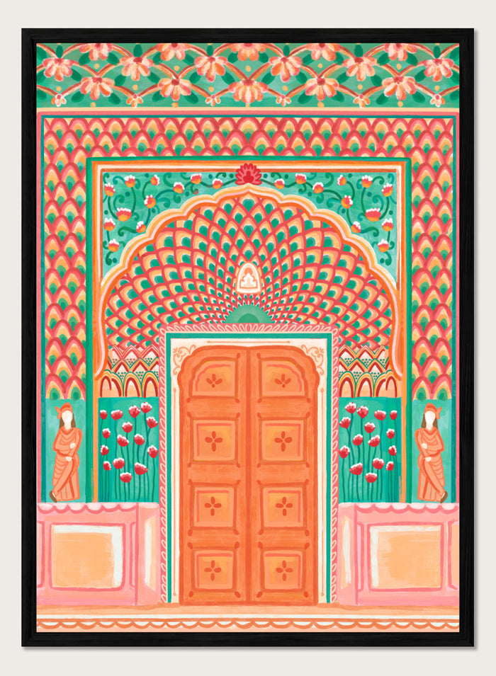 A colorful traditional Indian-style architectural artwork depicting an ornate arched doorway with a peach-orange double door, teal and pink patterned walls, floral motifs, and small statue figures on either side. Shop Vibrant Indian Archway by Nidhi Kachhadiya, a colorful Indian wall art print featuring an ornate archway, floral details, and coral pink tones.