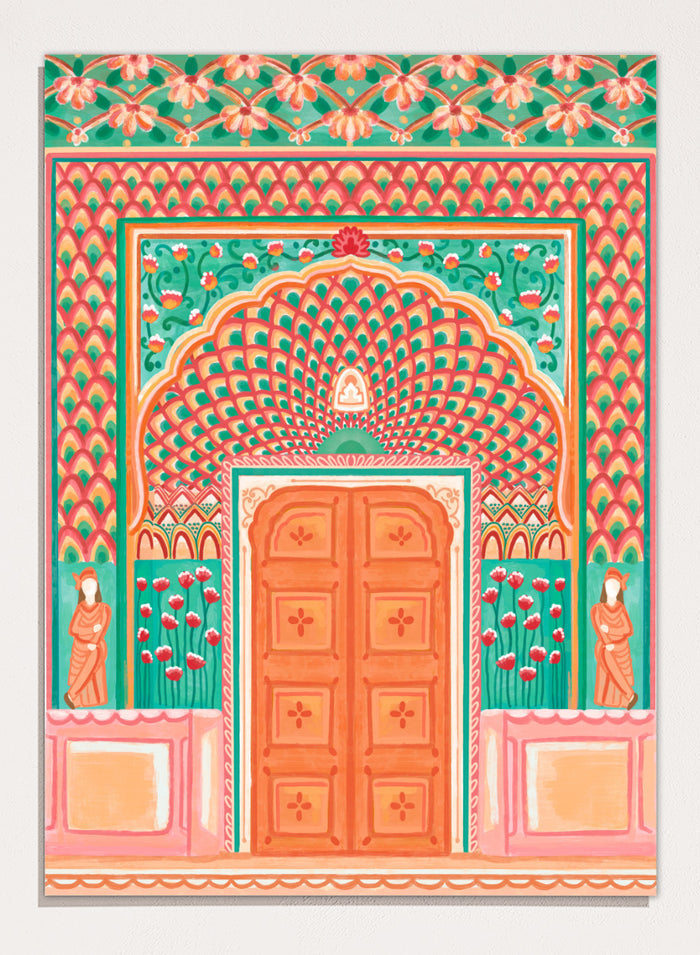 A colorful traditional Indian-style architectural artwork depicting an ornate arched doorway with a peach-orange double door, teal and pink patterned walls, floral motifs, and small statue figures on either side. Shop Vibrant Indian Archway by Nidhi Kachhadiya, a colorful Indian wall art print featuring an ornate archway, floral details, and coral pink tones.