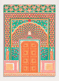 A colorful traditional Indian-style architectural artwork depicting an ornate arched doorway with a peach-orange double door, teal and pink patterned walls, floral motifs, and small statue figures on either side. Shop Vibrant Indian Archway by Nidhi Kachhadiya, a colorful Indian wall art print featuring an ornate archway, floral details, and coral pink tones.