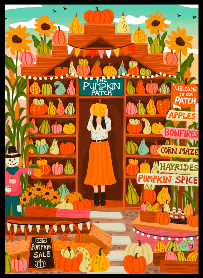 A colorful autumn-themed illustration of a woman standing in the doorway of 'The Pumpkin Patch' market stall, surrounded by shelves of pumpkins and gourds, sunflowers, corn maze signs, and a pumpkin sale chalkboard. Shop Vibrant Pumpkin Patch by Nidhi Kachhadiya, a colorful fall art print featuring pumpkins, gourds, sunflowers, and playful autumn market details.