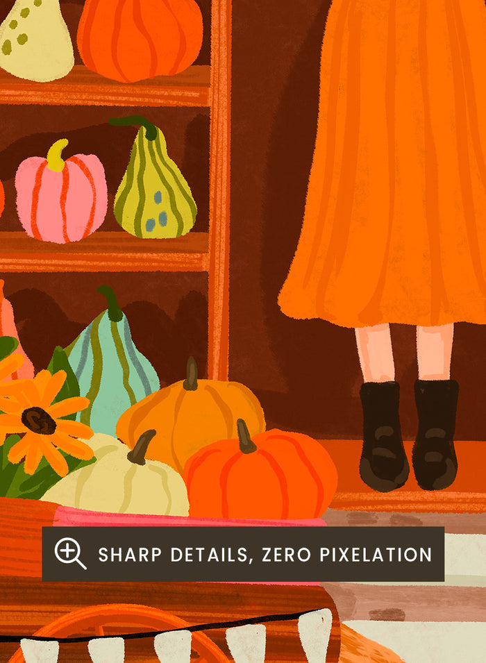 A colorful autumn-themed illustration of a woman standing in the doorway of 'The Pumpkin Patch' market stall, surrounded by shelves of pumpkins and gourds, sunflowers, corn maze signs, and a pumpkin sale chalkboard. Shop Vibrant Pumpkin Patch by Nidhi Kachhadiya, a colorful fall art print featuring pumpkins, gourds, sunflowers, and playful autumn market details.