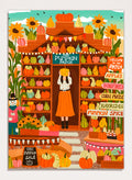 A colorful autumn-themed illustration of a woman standing in the doorway of 'The Pumpkin Patch' market stall, surrounded by shelves of pumpkins and gourds, sunflowers, corn maze signs, and a pumpkin sale chalkboard. Shop Vibrant Pumpkin Patch by Nidhi Kachhadiya, a colorful fall art print featuring pumpkins, gourds, sunflowers, and playful autumn market details.