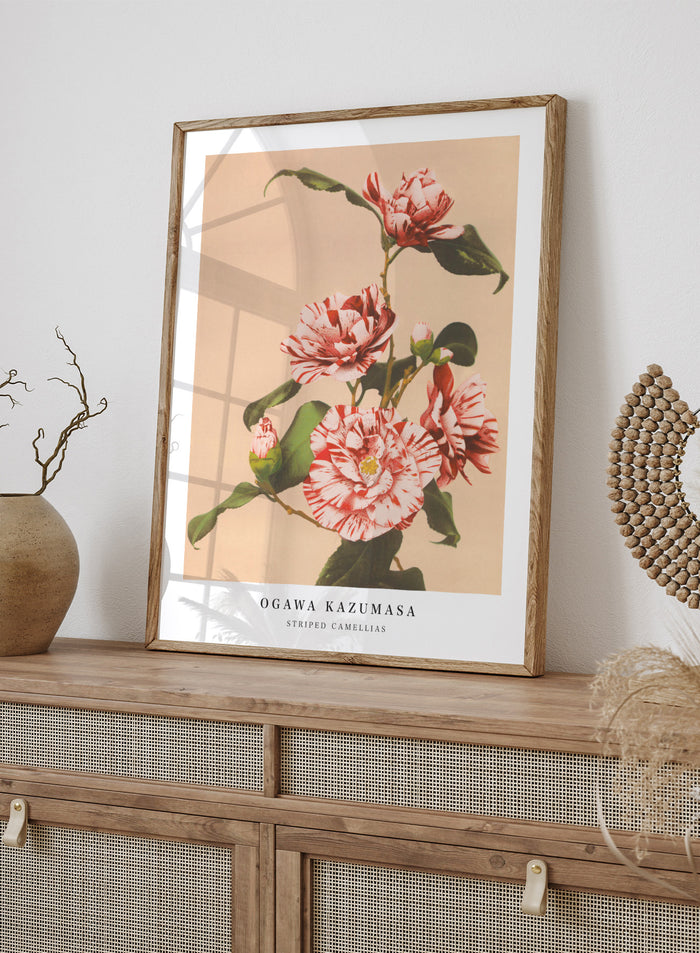 Ogawa Kazumasa Red Striped Camellias Flowers Japanese Art Print OK06