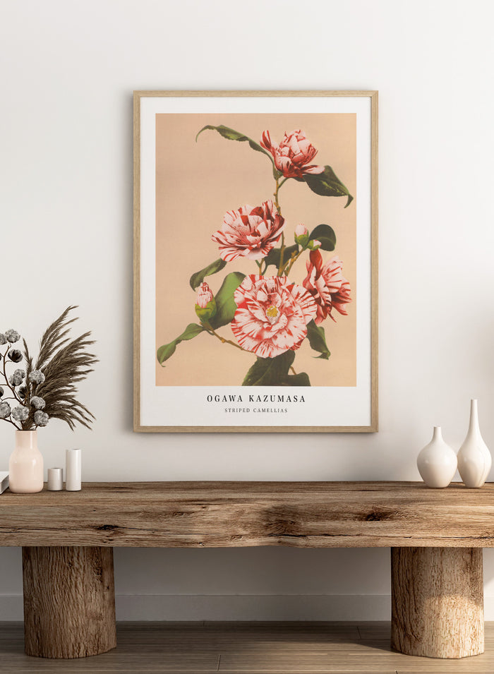 Ogawa Kazumasa Red Striped Camellias Flowers Japanese Art Print OK06