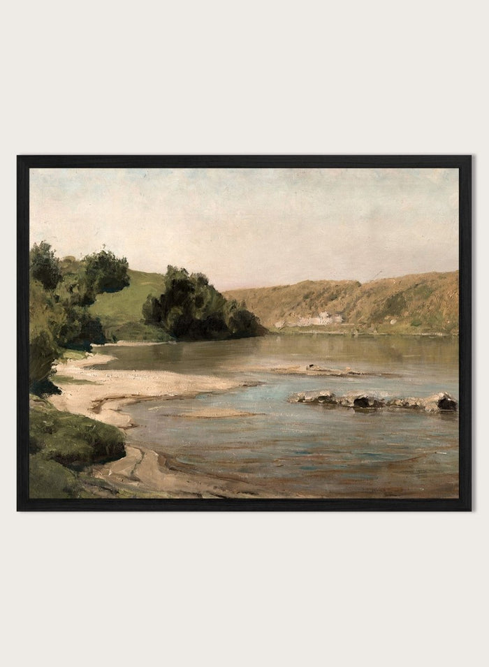 Oka River by Vasili Dmitrievich Polenov is a vintage Russian landscape print of a river bend with sandbar, hills, and trees, a peaceful nature print.