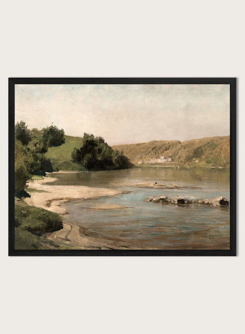 Oka River by Vasili Dmitrievich Polenov is a vintage Russian landscape print of a river bend with sandbar, hills, and trees, a peaceful nature print.
