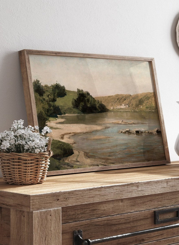Oka River by Vasili Dmitrievich Polenov is a vintage Russian landscape print of a river bend with sandbar, hills, and trees, a peaceful nature print.