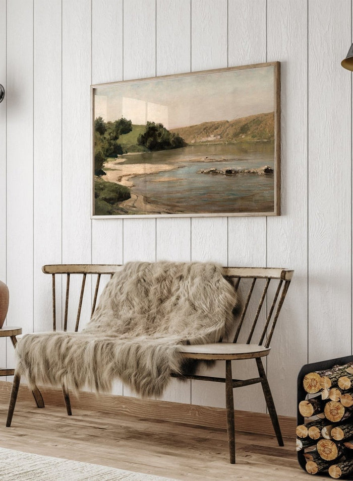 Oka River by Vasili Dmitrievich Polenov is a vintage Russian landscape print of a river bend with sandbar, hills, and trees, a peaceful nature print.