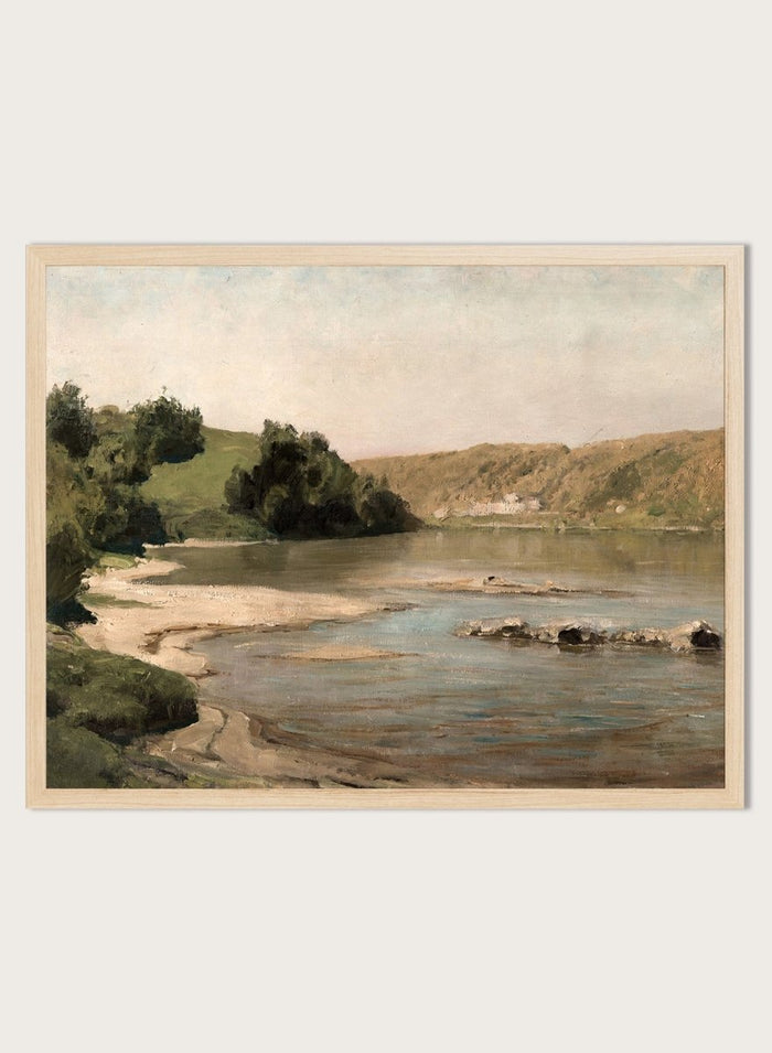 Oka River by Vasili Dmitrievich Polenov is a vintage Russian landscape print of a river bend with sandbar, hills, and trees, a peaceful nature print.