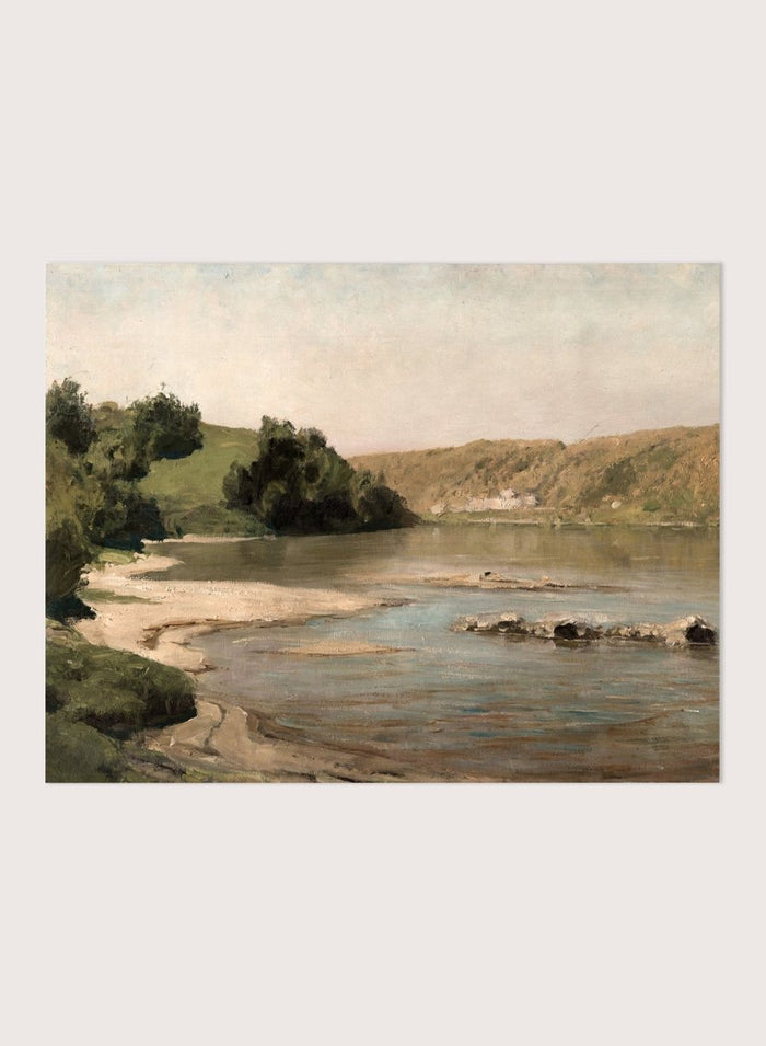 Oka River by Vasili Dmitrievich Polenov is a vintage Russian landscape print of a river bend with sandbar, hills, and trees, a peaceful nature print.